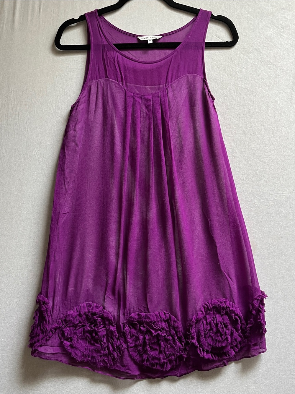 Tsumori Chisato Purple 100% Silk Rosette Floral Hem Sleeveless Mini Dress M